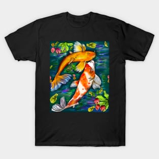 Best fishing gifts for fish lovers 2022. Koi fish pair couple swimming in koi pond with plants and flowers T-Shirt